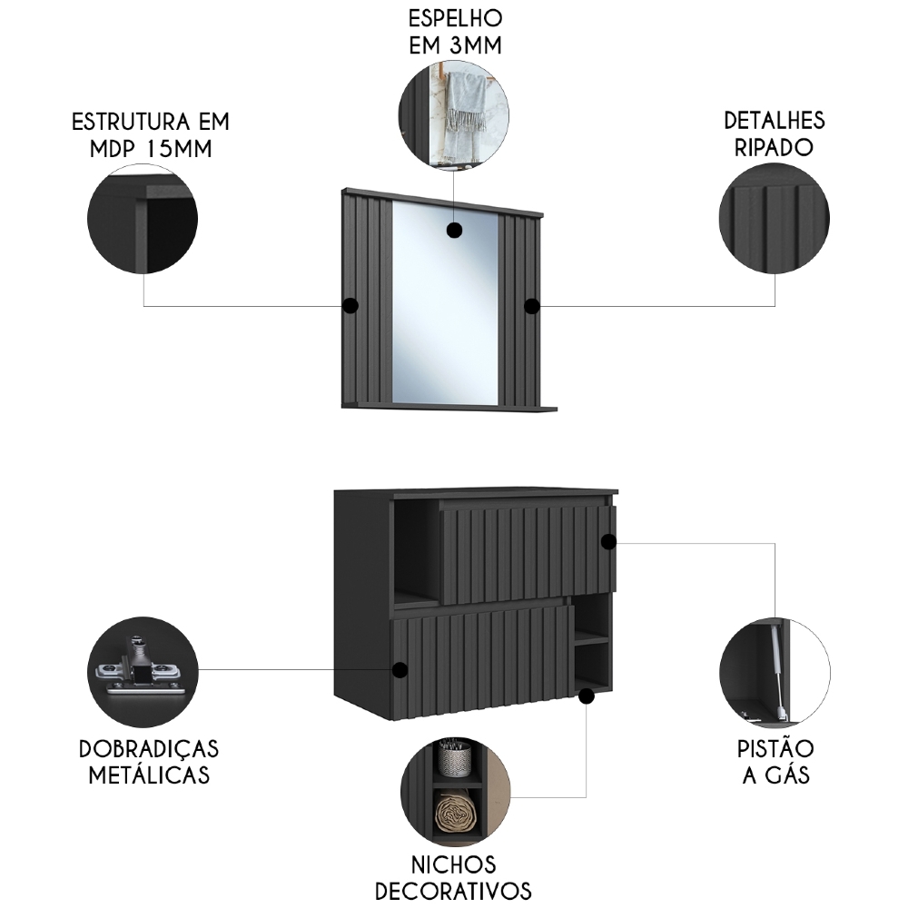 Gabinete Banheiro 75cm  Para Cuba e Espelheira Tunís Grafite F10 - Mpozenato