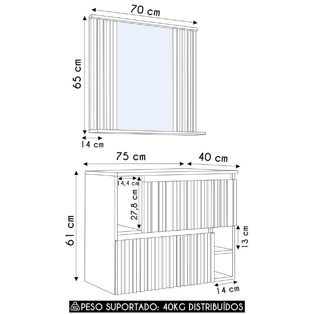 Gabinete Banheiro 75cm  Para Cuba e Espelheira Tunís Grafite F10 - Mpozenato