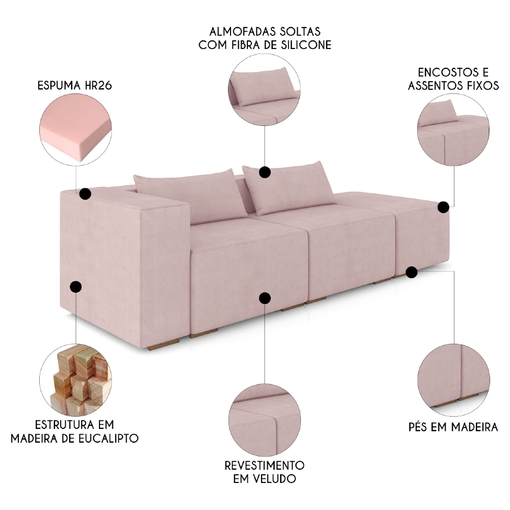 Sofá 5 Lugares 343cm Com Puff Direito Fay Veludo Rose Z55 - Mpozenato