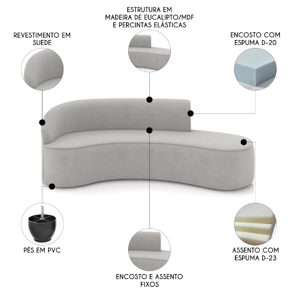 Sofá 4 Lugares Para Sala 220cm Orgânico Wendi Suede Cinza I01  - Mpozenato