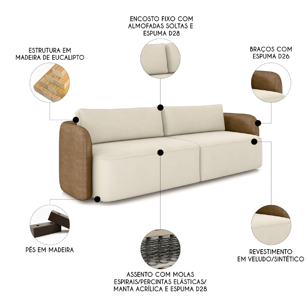 Sofá 3 Lugares 220cm Sala de Estar Karib Veludo Bege/Camel Z08 - Mpozenato