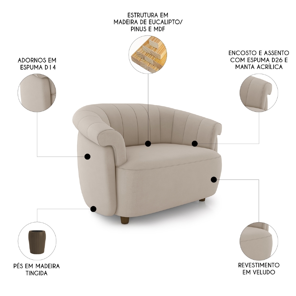 Sofá 2 Lugares 150cm Namoradeira Lykan Veludo Bege Z32    - Mpozenato