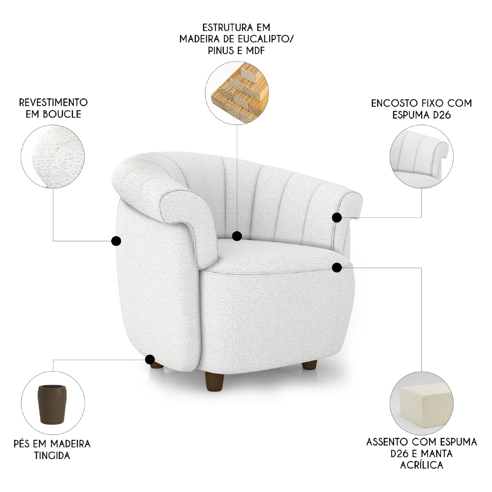 Sofá 2 Lugares 150cm e Poltrona Lykan Boucle Cru Z32        - Mpozenato