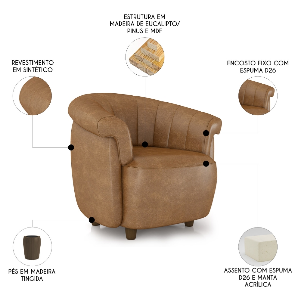 Sofá 2 Lugares 150cm e Poltrona Lykan Sintético Caramelo Z32 - Mpozenato