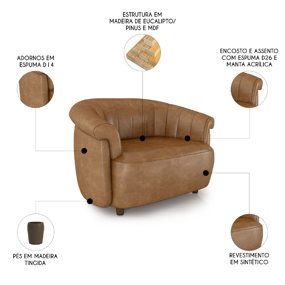 Sofá 2 Lugares 150cm e Poltrona Lykan Sintético Caramelo Z32 - Mpozenato