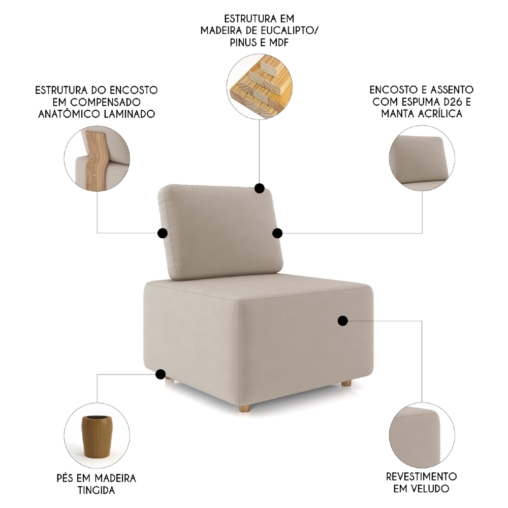 Poltrona Sala de Estar Decorativa Rovier Veludo Bege Z32     - Mpozenato