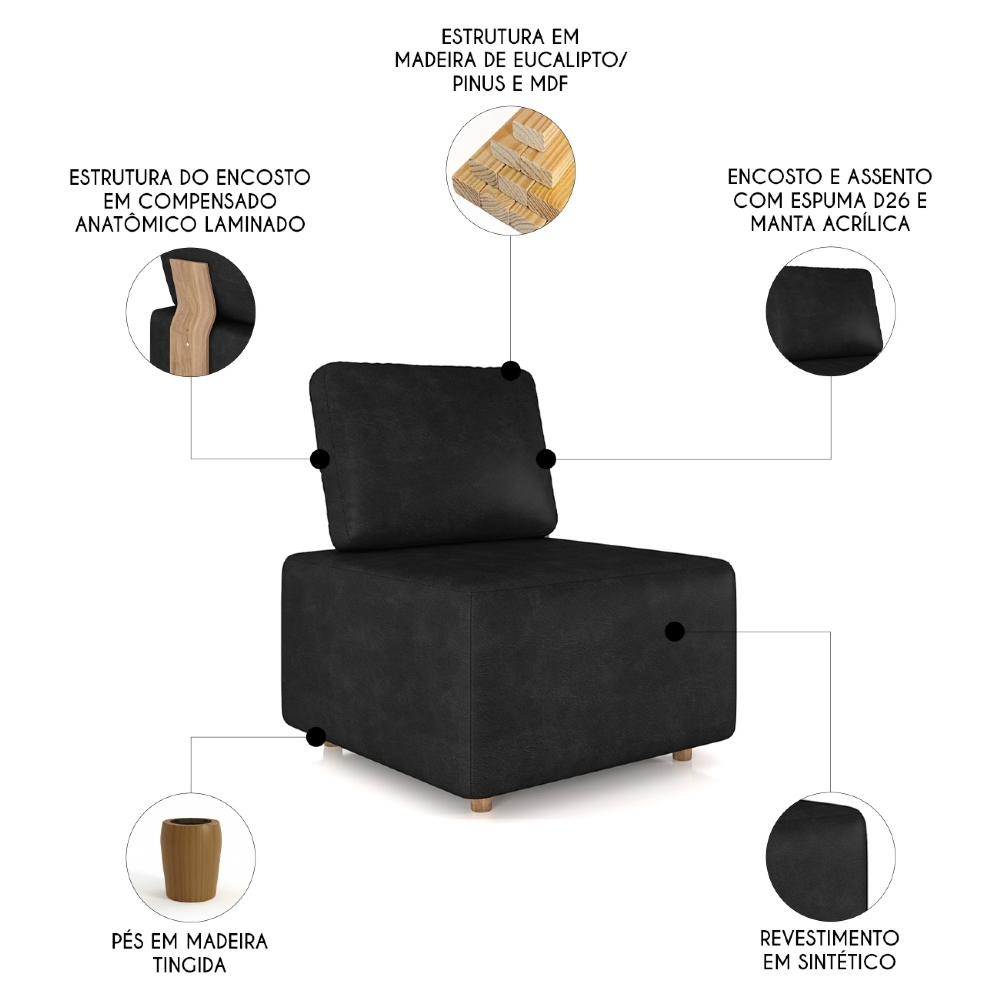 Poltrona Sala de Estar Decorativa Rovier Sintético Preto Z32 - Mpozenato