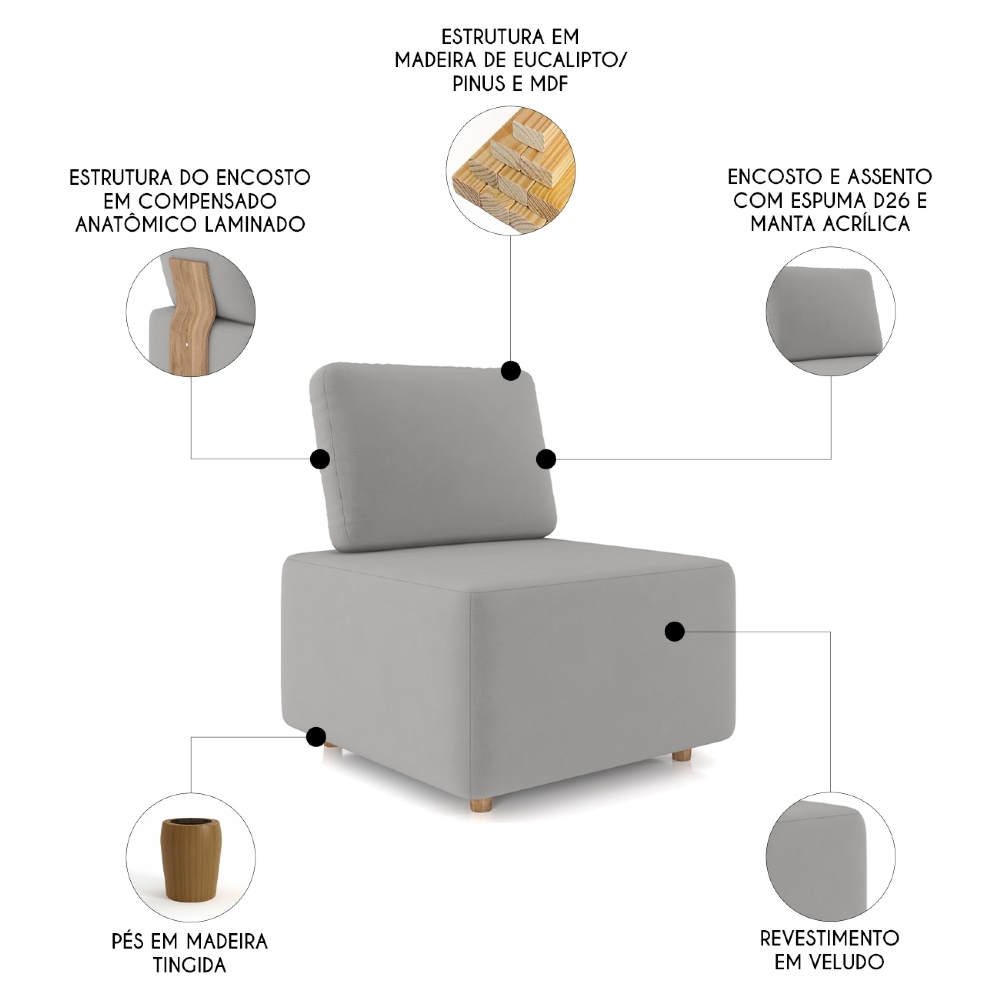 Poltrona Sala de Estar Decorativa Rovier Veludo Cinza Z32      - Mpozenato