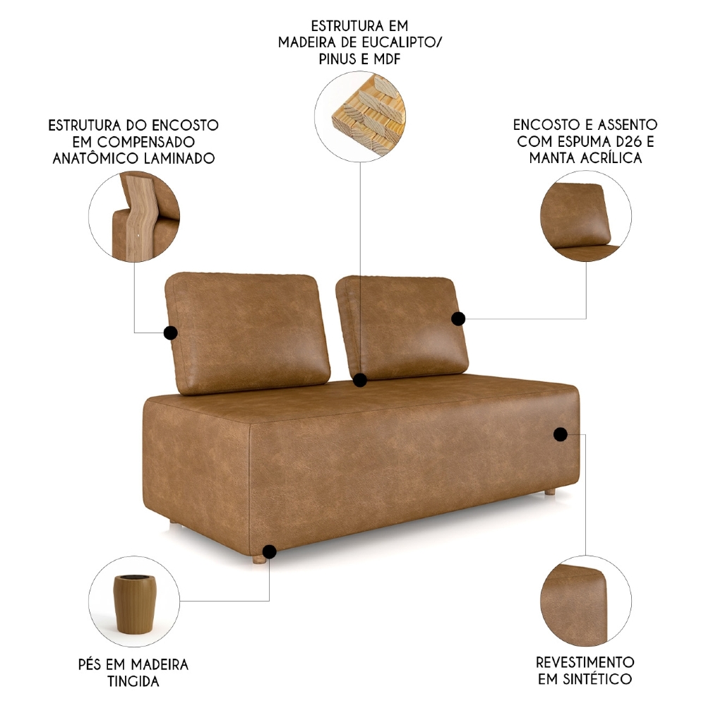 Sofá 2 Lugares 148cm Sala de Estar Rovier Sintético Caramelo Z32 - Mpozenato