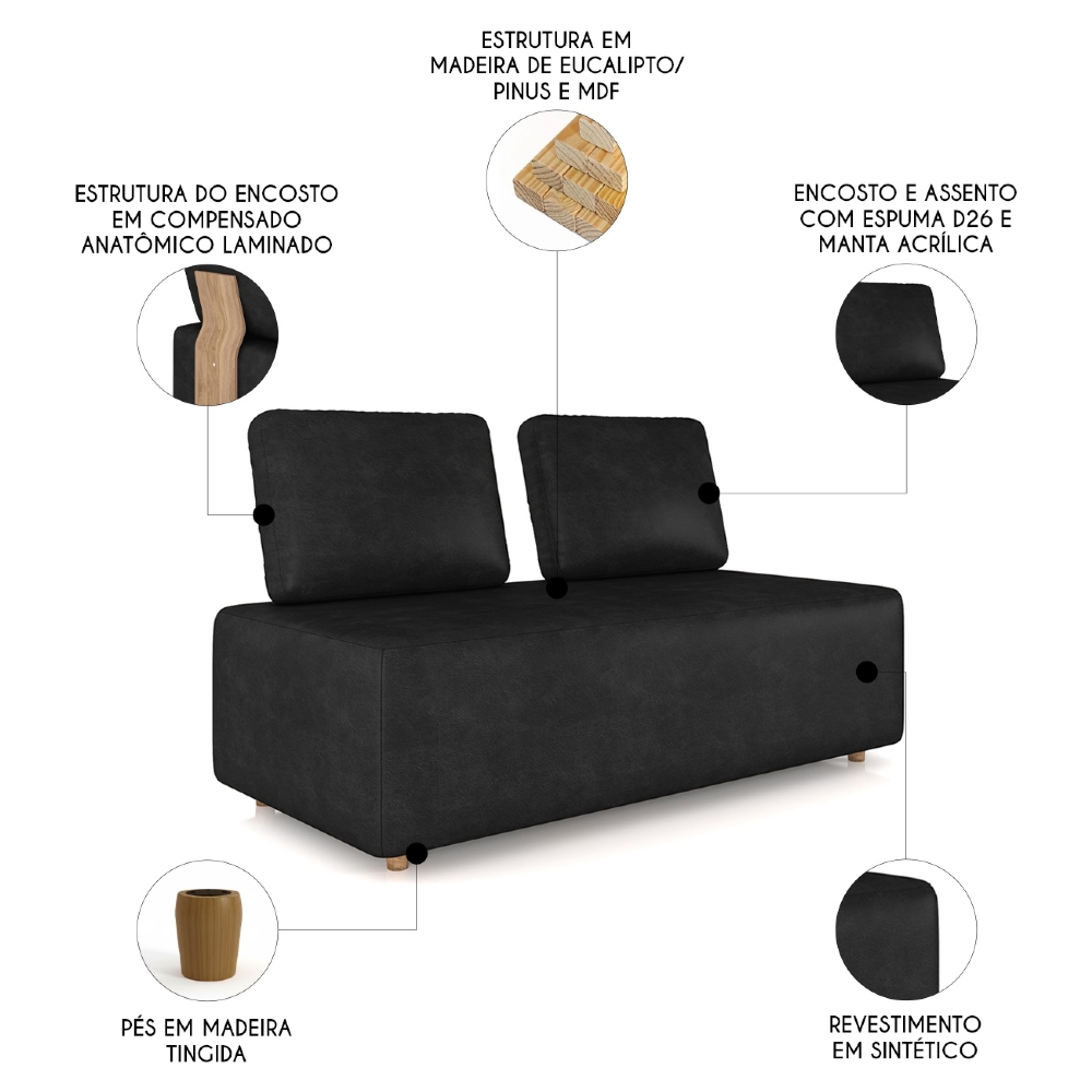 Sofá 2 Lugares 148cm Sala de Estar Rovier Sintético Preto Z32 - Mpozenato