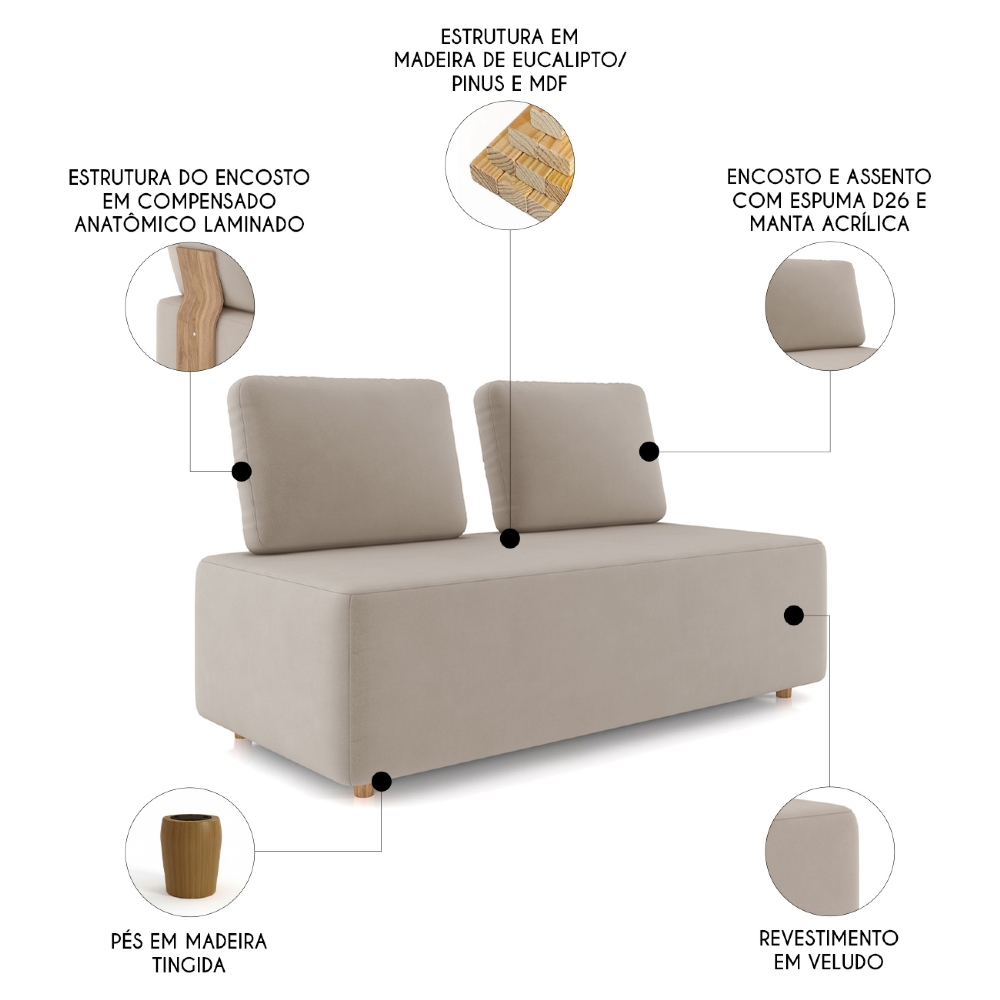 Sofá 2 Lugares 148cm Sala de Estar Rovier Veludo Bege Z32   - Mpozenato