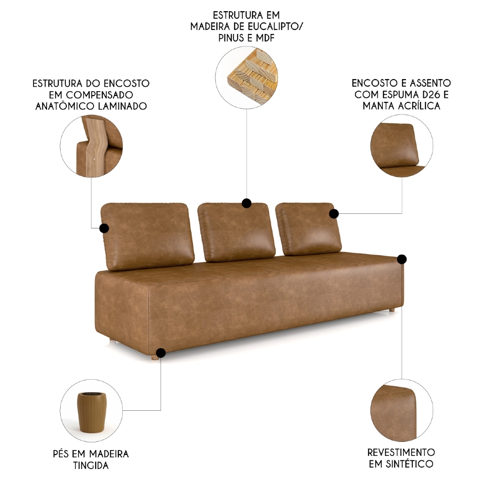 Sofá 3 Lugares 222cm Sala de Estar Rovier Sintético Caramelo Z32 - Mpozenato