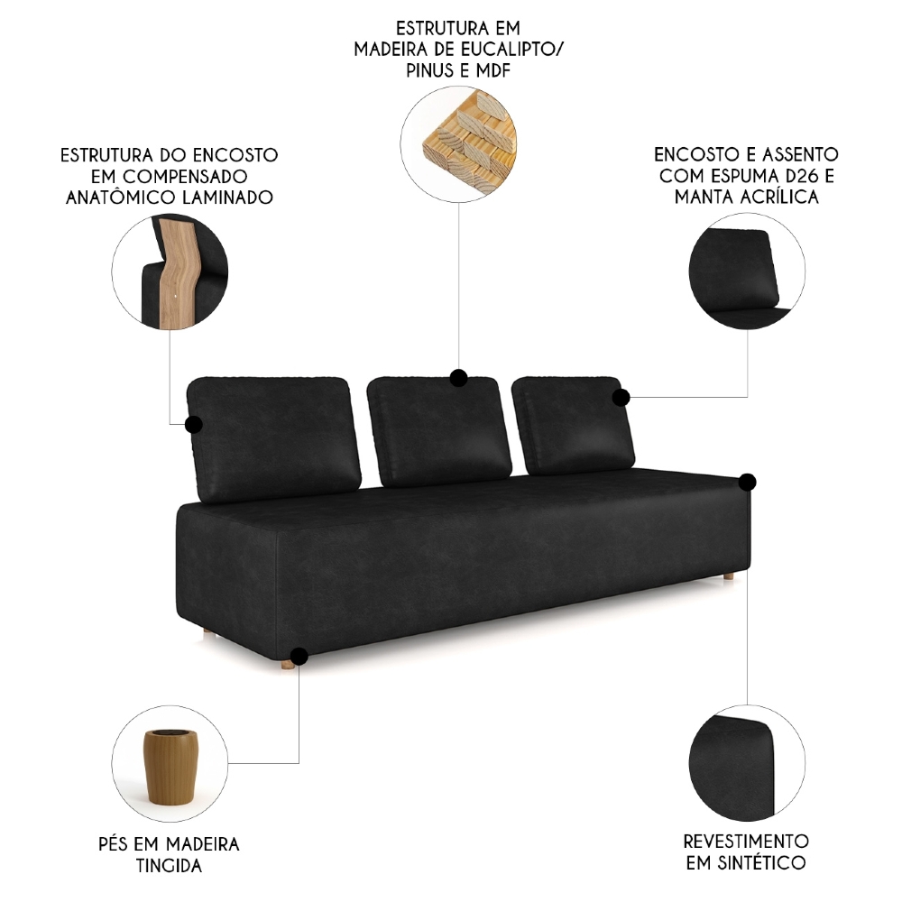 Sofá 3 Lugares 222cm Sala de Estar Rovier Sintético Preto Z32 - Mpozenato