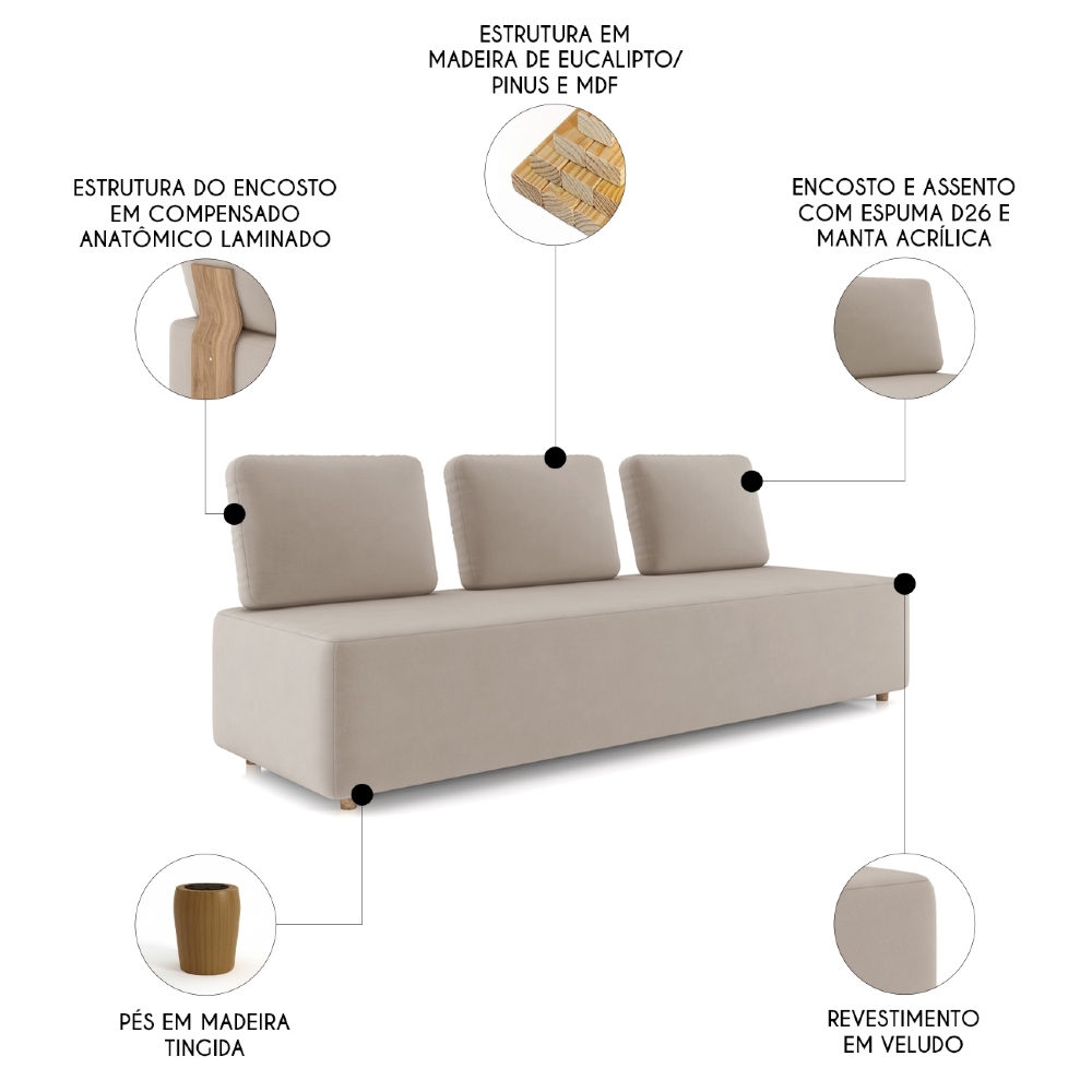 Sofá 3 Lugares 222cm Sala de Estar Rovier Veludo Bege Z32   - Mpozenato