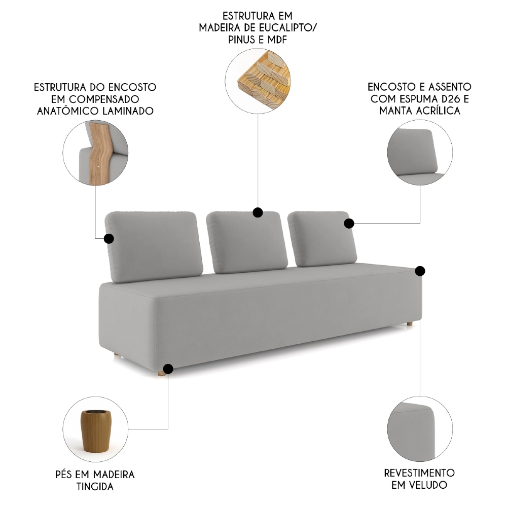 Sofá 3 Lugares 222cm Sala de Estar Rovier Veludo Cinza Z32    - Mpozenato