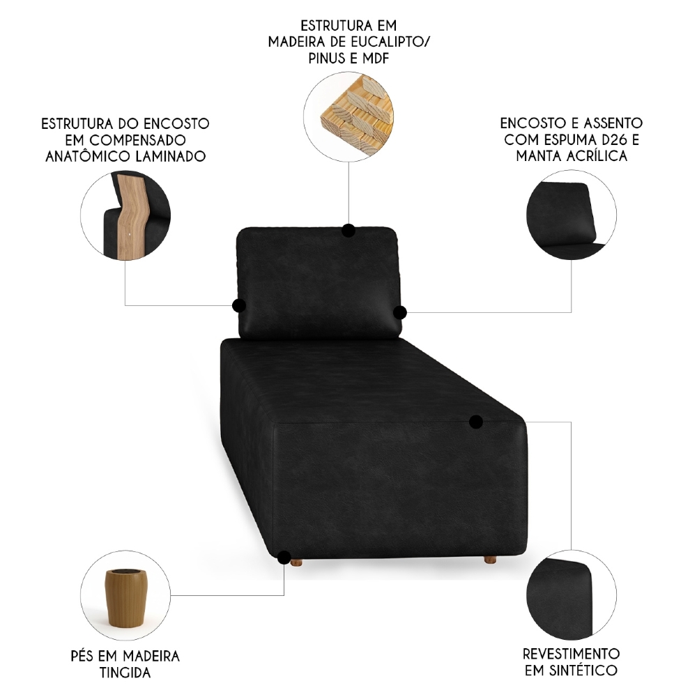 Sofá Chaise Modular 74cm Sala de Estar Sintético Preto Z32 - Mpozenato