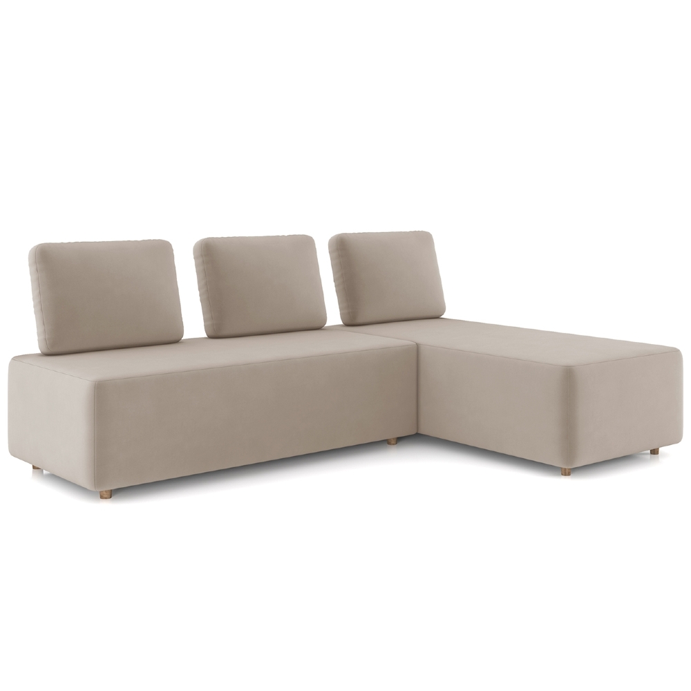Sofá 3 Lugares Com Chaise 222cm Rovier Veludo Bege Z32      - Mpozenato