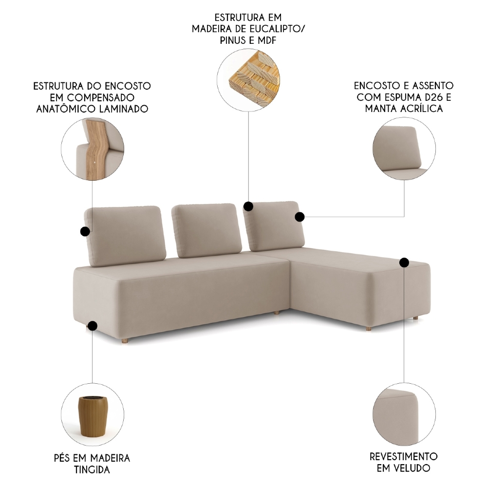 Sofá 3 Lugares Com Chaise 222cm Rovier Veludo Bege Z32      - Mpozenato