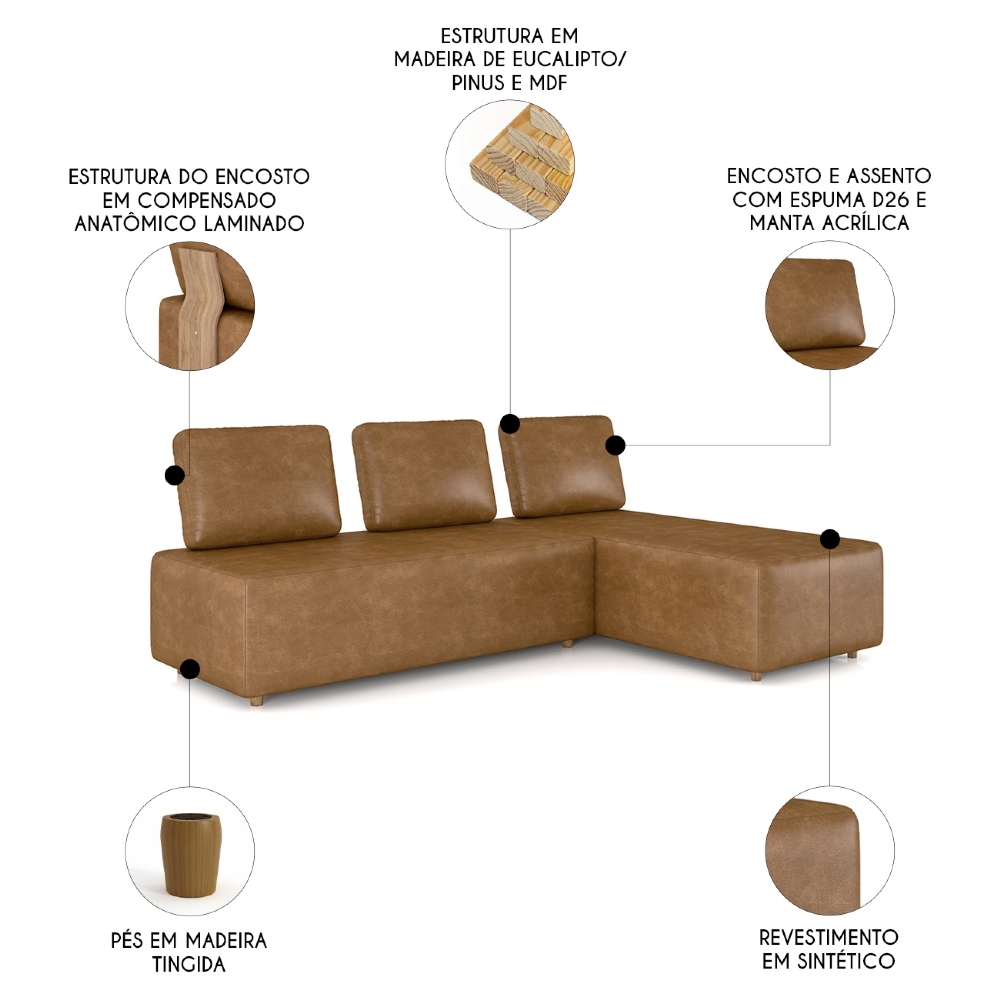 Sofá 3 Lugares Com Chaise 222cm Rovier Sintético Caramelo Z32 - Mpozenato