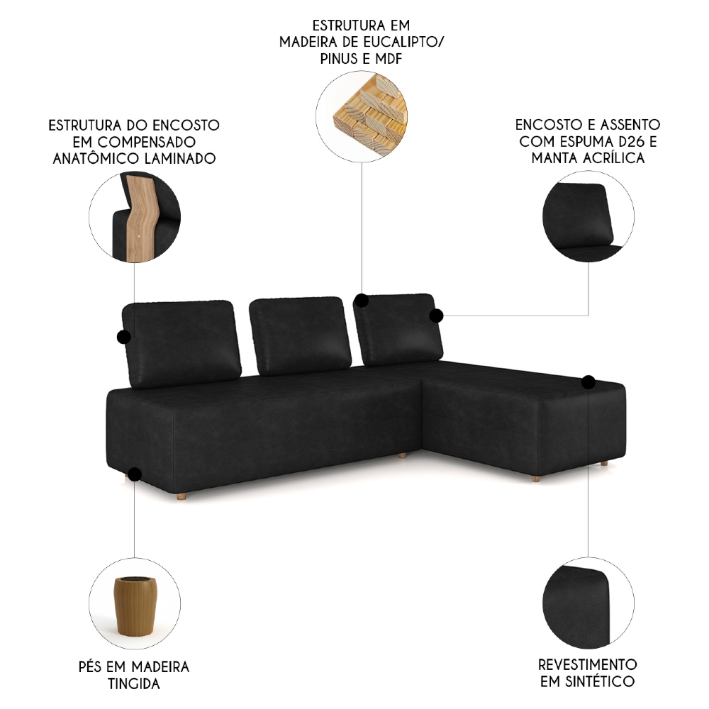 Sofá 3 Lugares Com Chaise 222cm Rovier Sintético Preto Z32 - Mpozenato