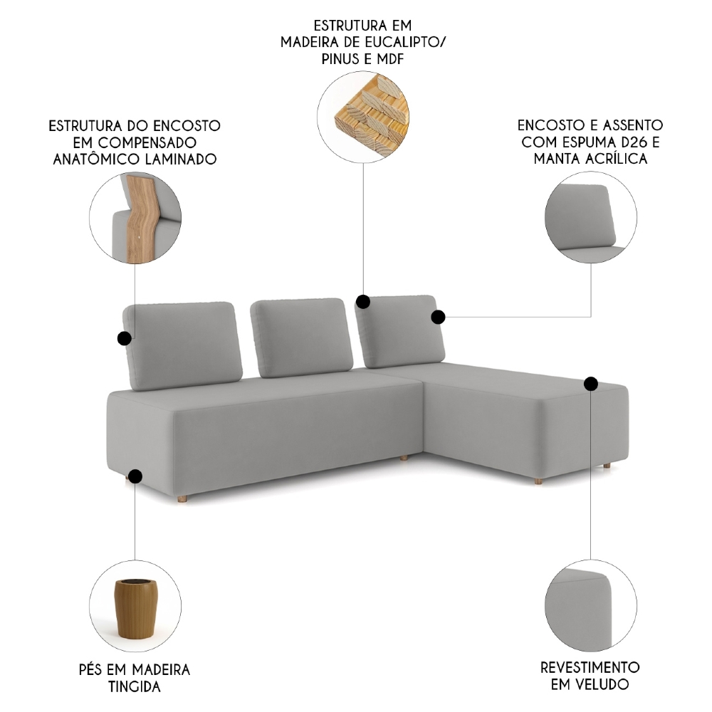 Sofá 3 Lugares Com Chaise 222cm Rovier Veludo Cinza Z32       - Mpozenato