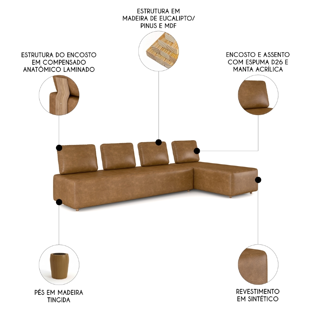 Sofá 4 Lugares Com Chaise 296cm Rovier Sintético Caramelo Z32 - Mpozenato
