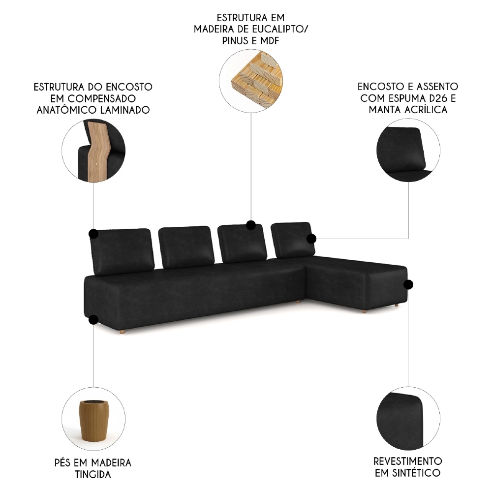 Sofá 4 Lugares Com Chaise 296cm Rovier Sintético Preto Z32 - Mpozenato
