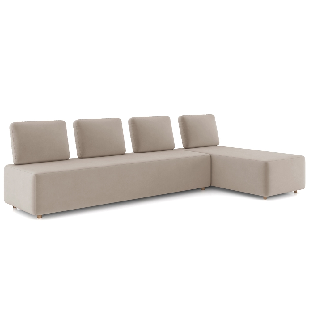Sofá 4 Lugares Com Chaise 296cm Rovier Veludo Bege Z32      - Mpozenato