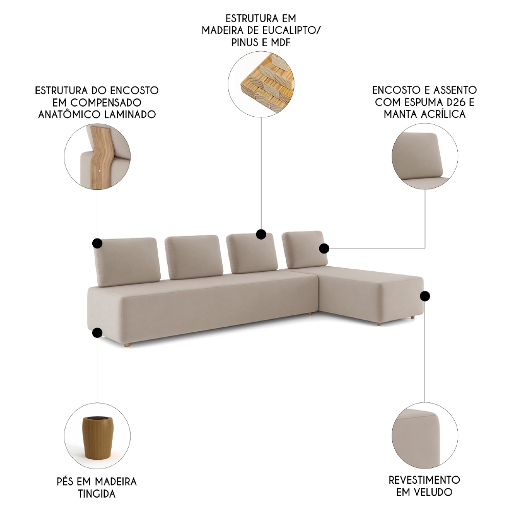 Sofá 4 Lugares Com Chaise 296cm Rovier Veludo Bege Z32      - Mpozenato