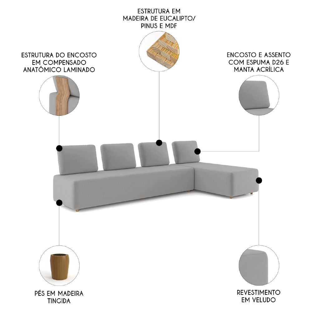 Sofá 4 Lugares Com Chaise 296cm Rovier Veludo Cinza Z32       - Mpozenato