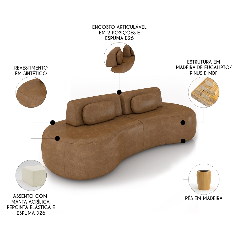 Sofá 4 Lugares 240cm Orgânico Mellanie Sintético Caramelo Z32 - Mpozenato