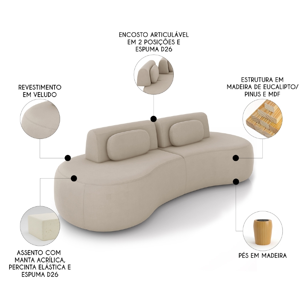 Sofá 4 Lugares 240cm Orgânico Mellanie Veludo Bege Z32 - Mpozenato