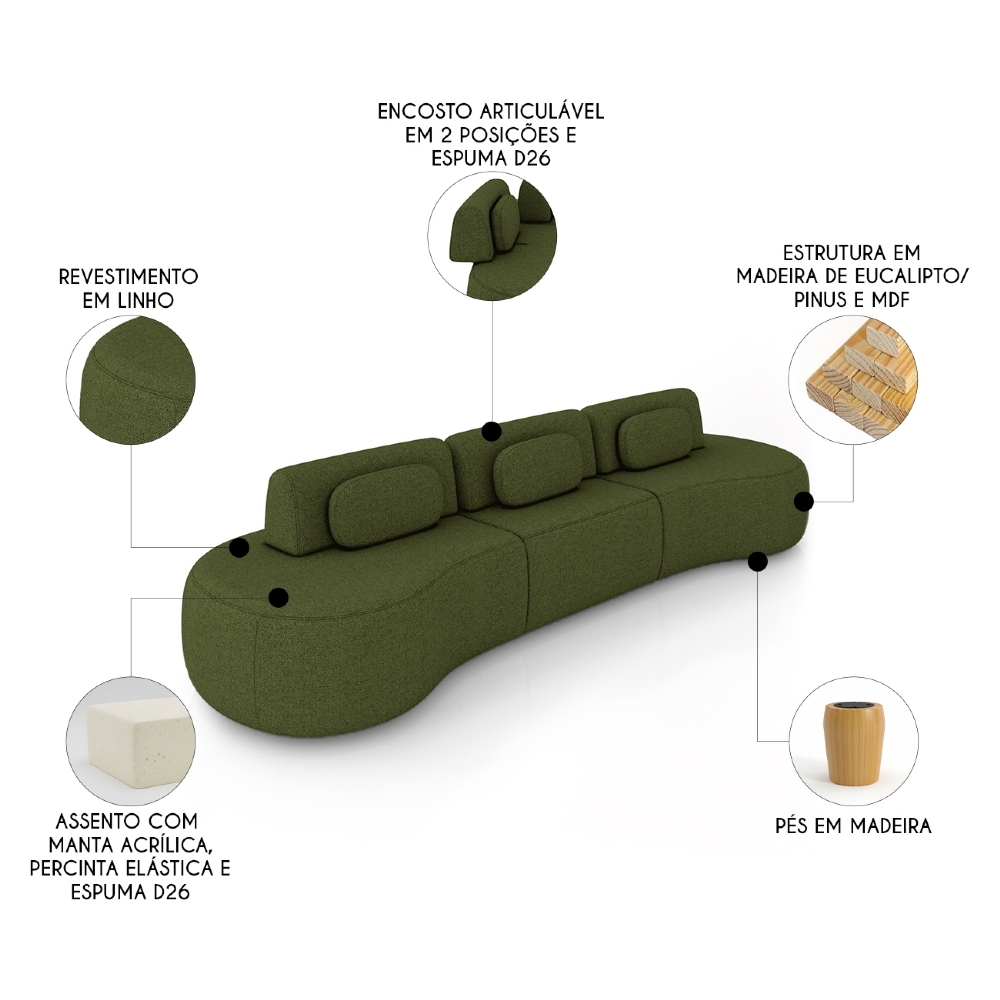 Sofá 4 Lugares 326cm Orgânico Mellanie Linho Verde Z32 - Mpozenato