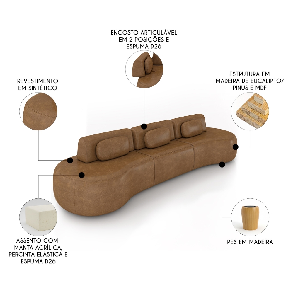 Sofá 4 Lugares 326cm Orgânico Mellanie Sintético Caramelo Z32 - Mpozenato