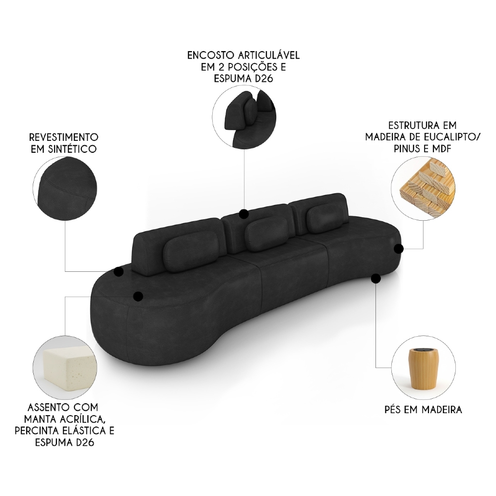 Sofá 4 Lugares 326cm Orgânico Mellanie Sintético Preto Z32 - Mpozenato