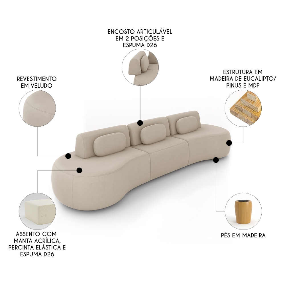 Sofá 4 Lugares 326cm Orgânico Mellanie Veludo Bege Z32 - Mpozenato