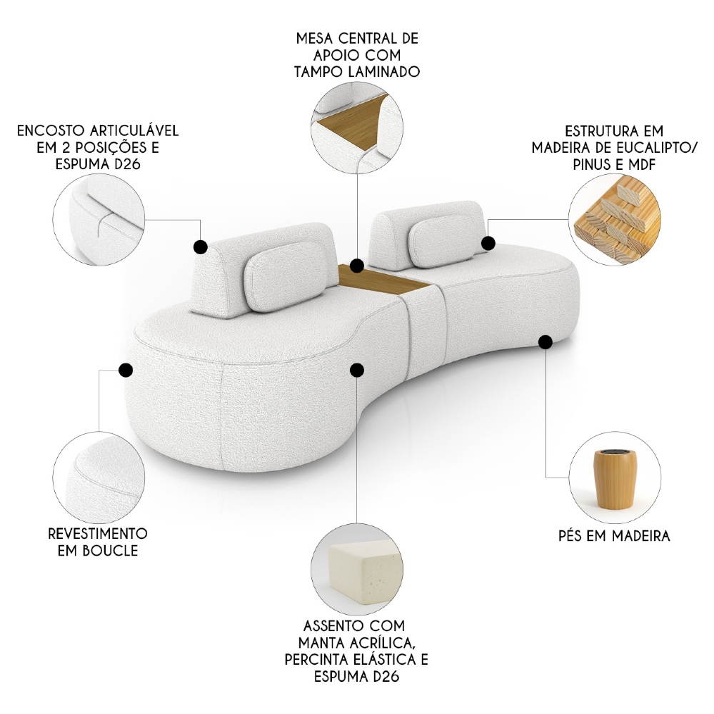 Sofá 4 Lugares 285cm Orgânico Com Mesa Mellanie Boucle Cru Z32 - Mpozenato