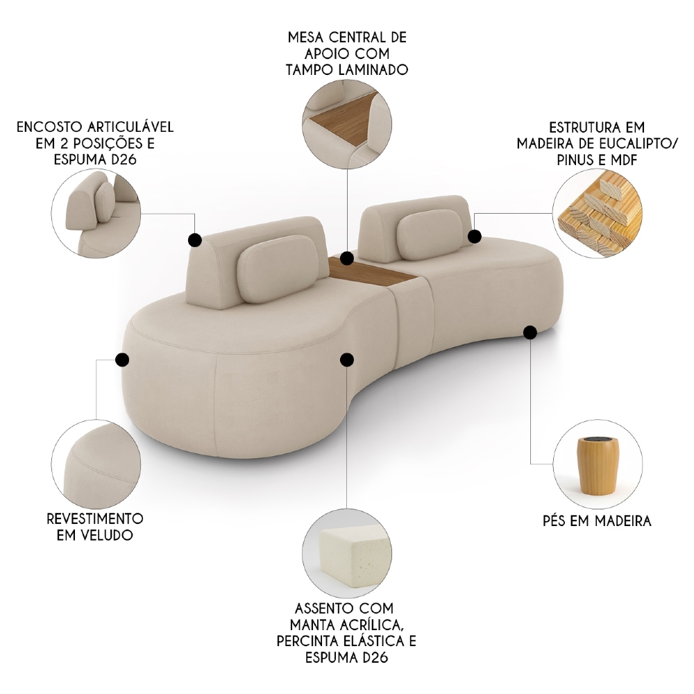 Sofá 4 Lugares 285cm Orgânico Com Mesa Mellanie Veludo Bege Z32 - Mpozenato