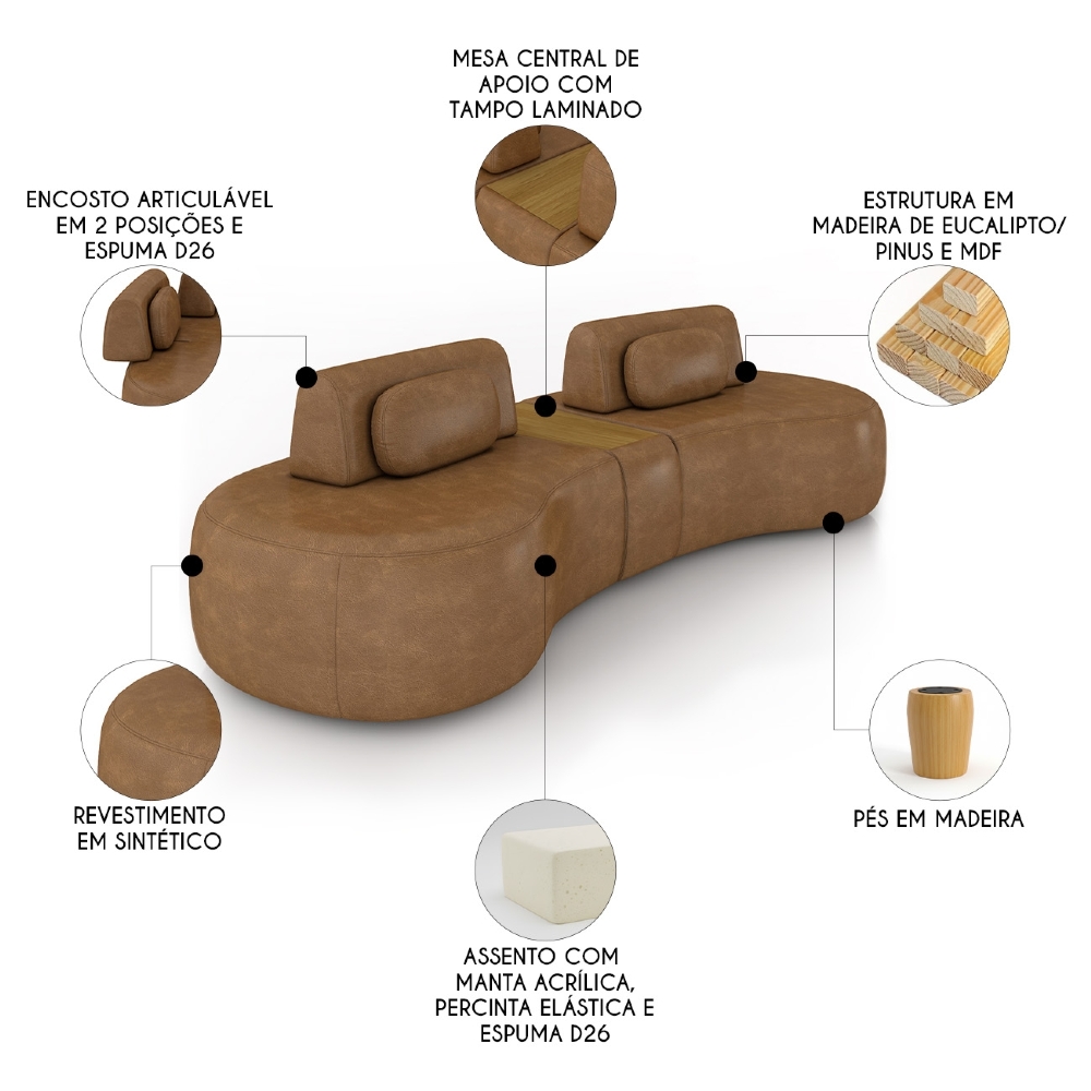 Sofá 4 Lugares 285cm Orgânico Com Mesa Mellanie Sintético Caramelo Z32 - Mpozenato