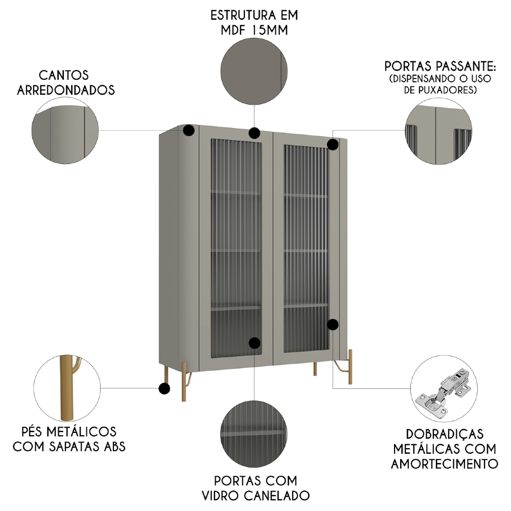 Armário de Cozinha Cristaleira 99cm Blen Grigio/Dourado I06 - Mpozenato