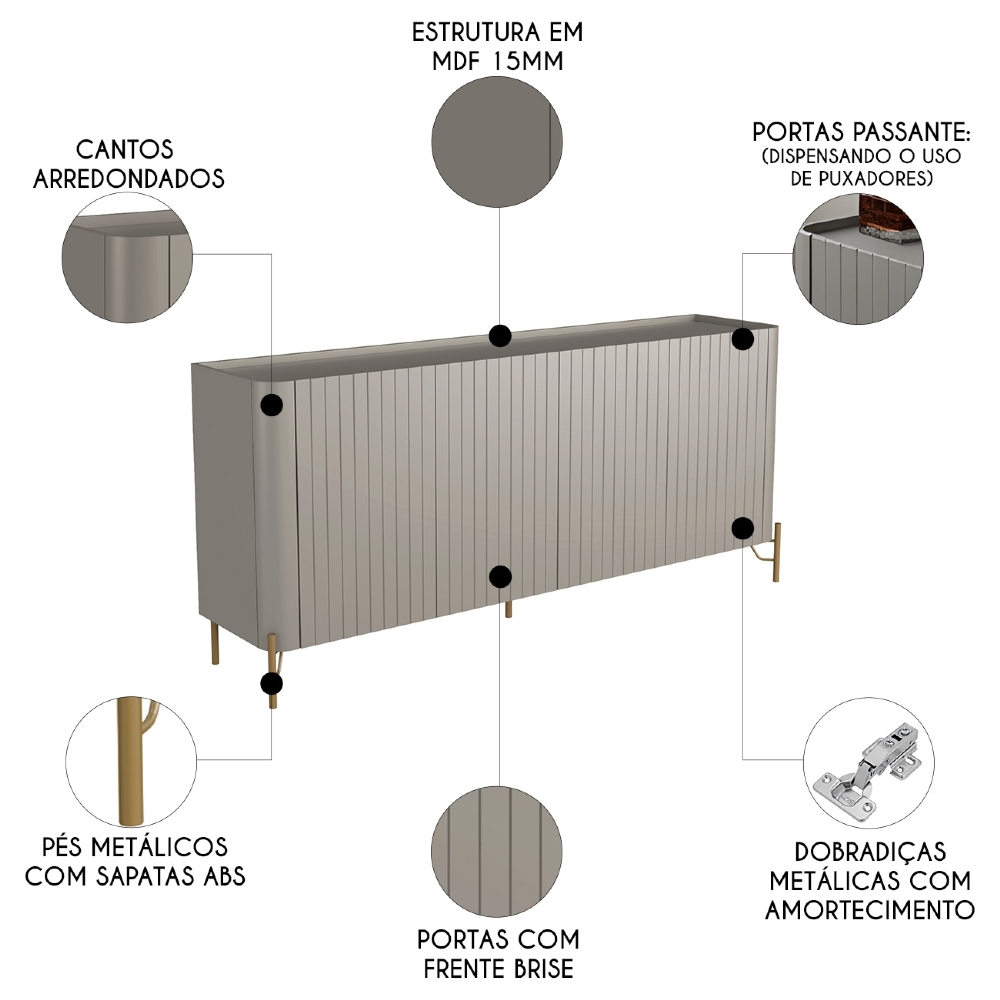 Buffet Aparador 180cm 4 Portas Brise Blen Grigio/Dourado I06 - Mpozenato