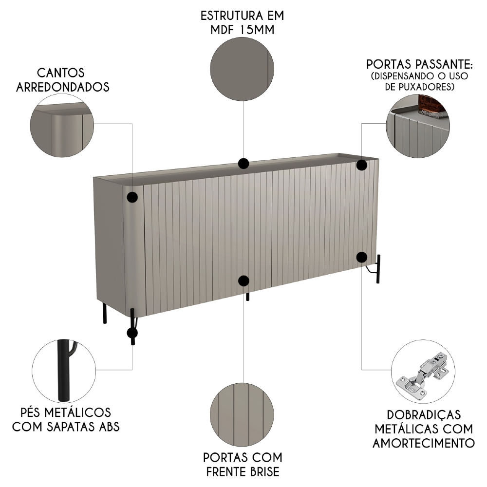 Buffet Aparador 180cm 4 Portas Brise Blen Grigio/Preto I06 - Mpozenato