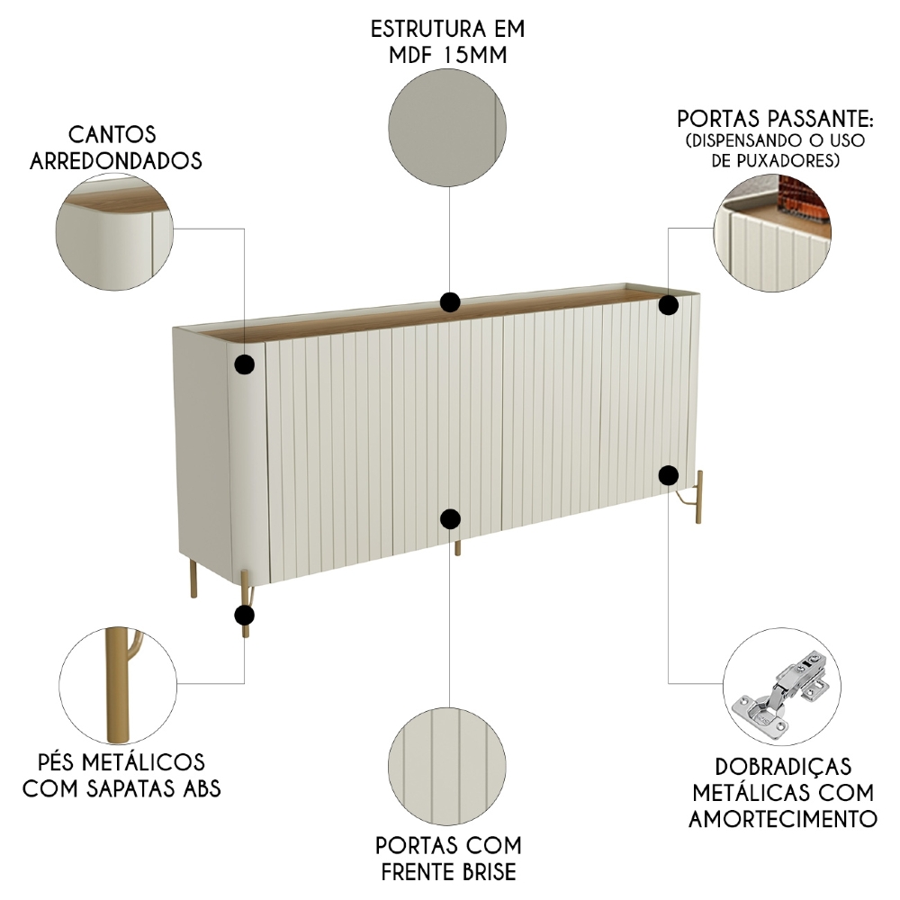 Buffet Aparador 180cm 4 Portas Brise Blen Louro/Luna/Dourado I06 - Mpozenato