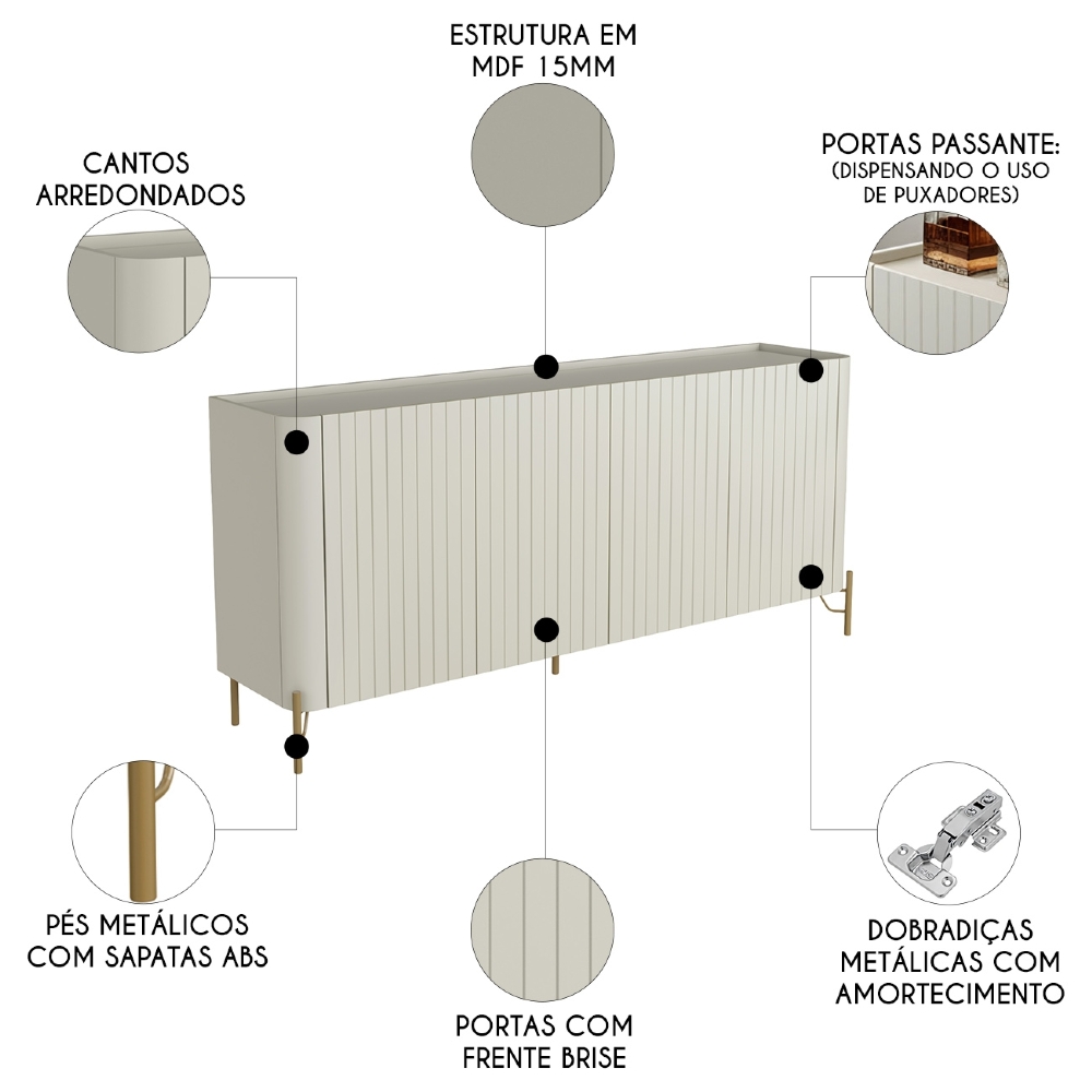 Buffet Aparador 180cm 4 Portas Brise Blen Louro/Luna/Preto I06 - Mpozenato