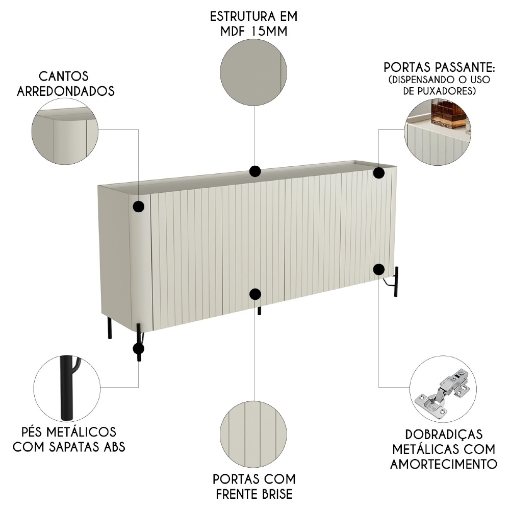 Buffet Aparador 180cm 4 Portas Brise Blen Luna/Preto I06 - Mpozenato