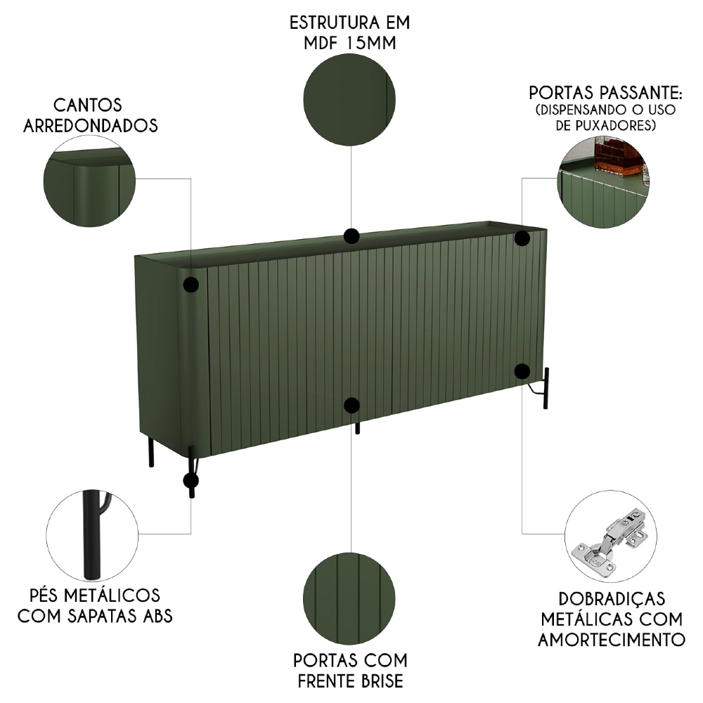 Buffet Aparador 180cm 4 Portas Brise Blen Musgo/Preto I06 - Mpozenato