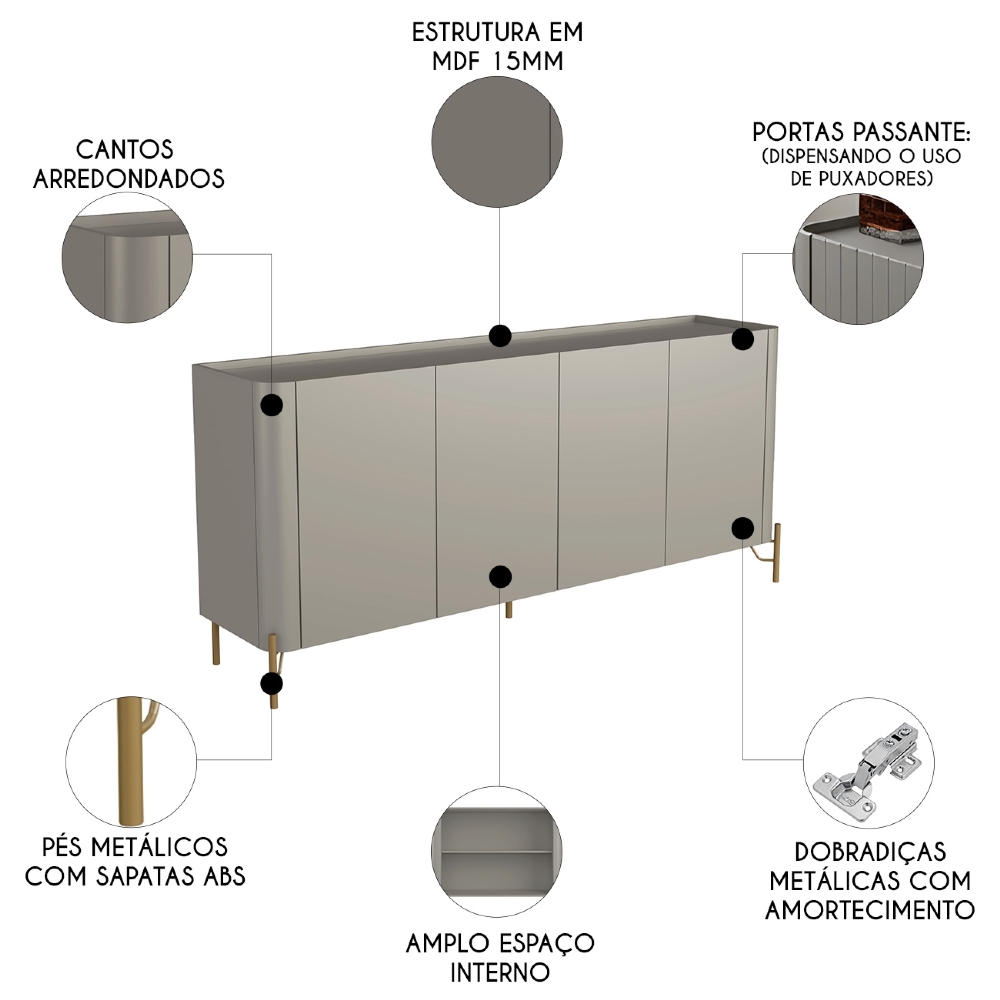Buffet Aparador 180cm 4 Portas Lisas Blen Grigio/Dourado I06 - Mpozenato