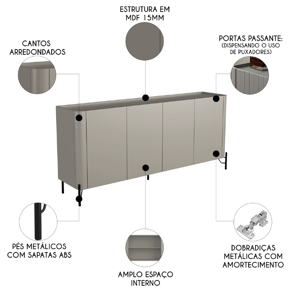 Buffet Aparador 180cm 4 Portas Lisas Blen Grigio/Preto I06 - Mpozenato