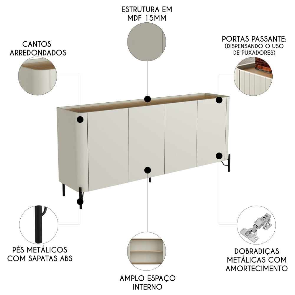 Buffet Aparador 180cm 4 Portas Lisas Blen Louro/Luna/Preto I06 - Mpozenato