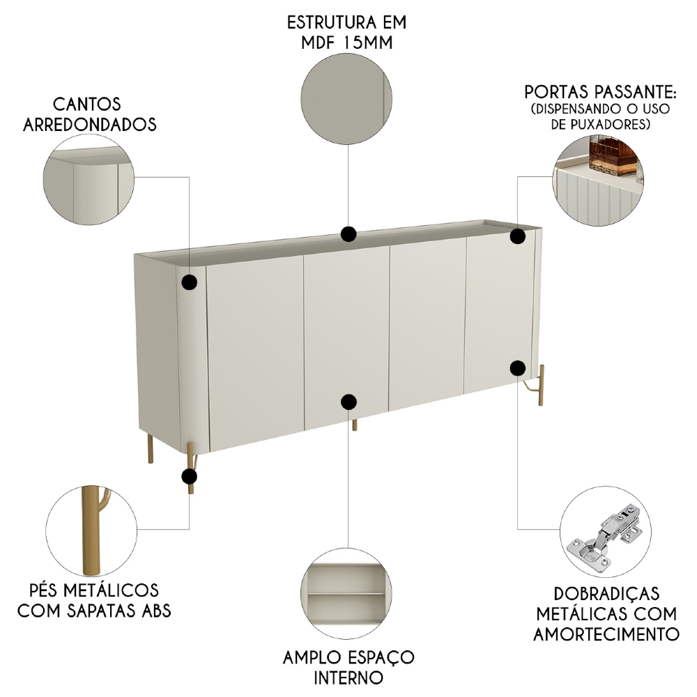 Buffet Aparador 180cm 4 Portas Lisas Blen Luna/Dourado I06 - Mpozenato